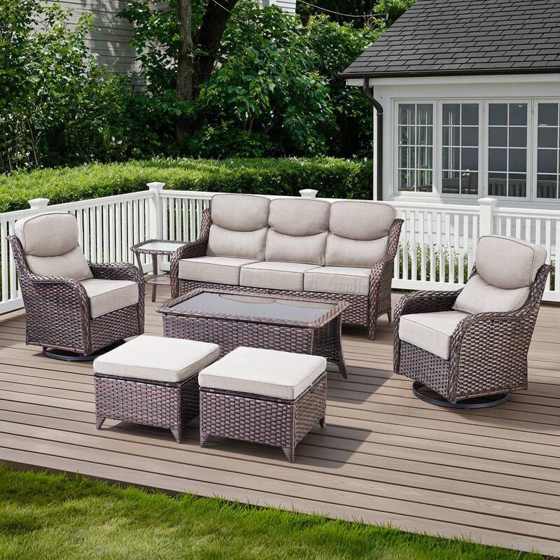 Meyreso 7-Piece Wicker Patio Conversation Set with Swivel Gliders and 6-Inch Thick Cushions