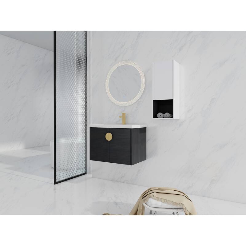 28" Wall-Mounted Bathroom Vanity With Ceramic Sink and Side Cabinet, Soft Close Doors, Combination Cabinet