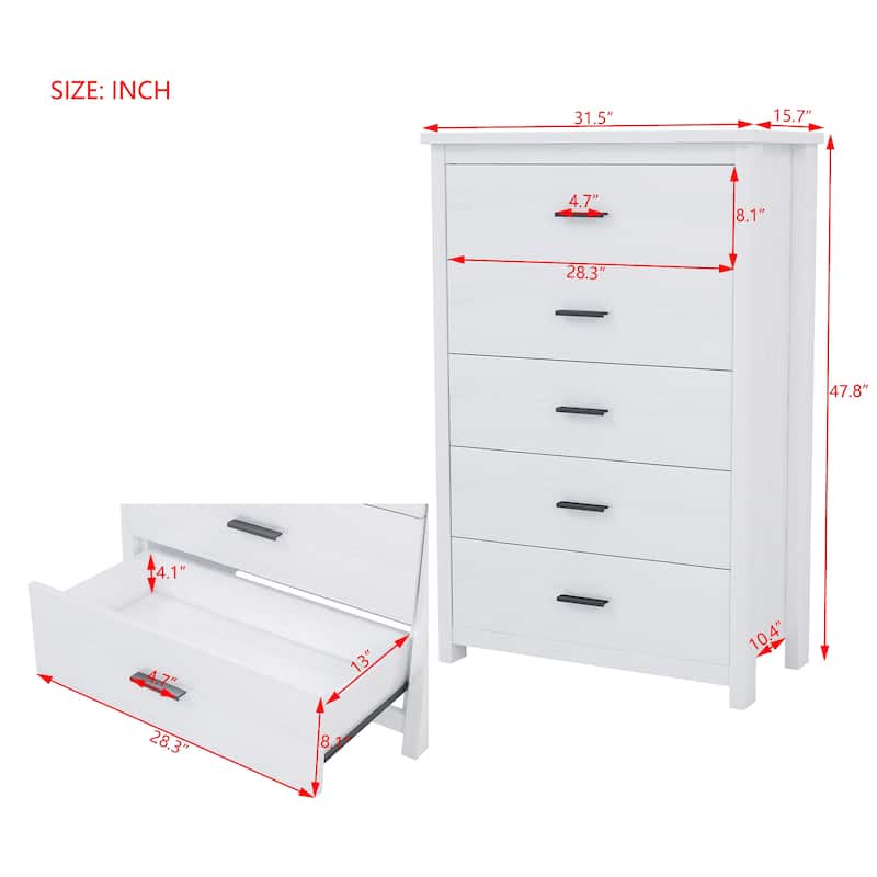 5 Drawer Tall Wooden Dresser, Large Capacity Clothing Storage Cabinet, Decorative Cabinet with Metal Handles and Wooden Legs