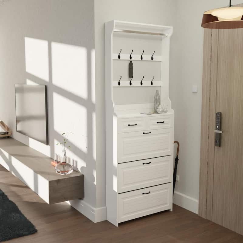 31.5 in.W Shoe Cabinet PVC Door with 3 Doors 2 Drawers with Hanger