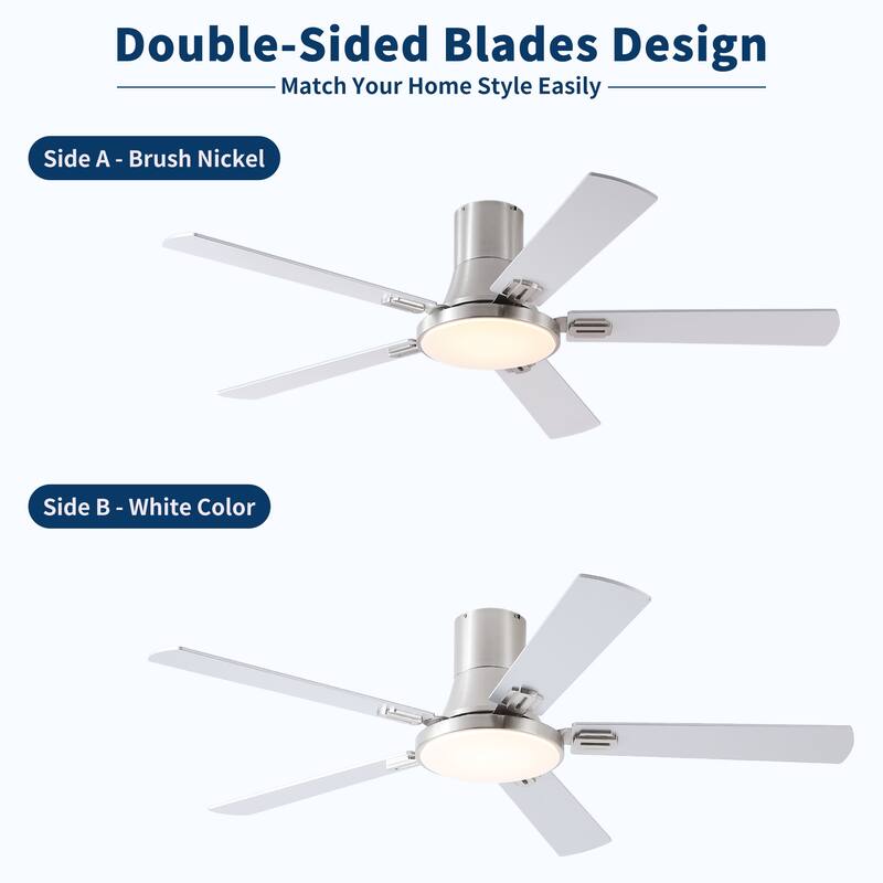 52 Inch Modern Minimalist Flush Mount Ceiling Fan with Light, Reversible DC Motor, Remote, Double-Sided Blades