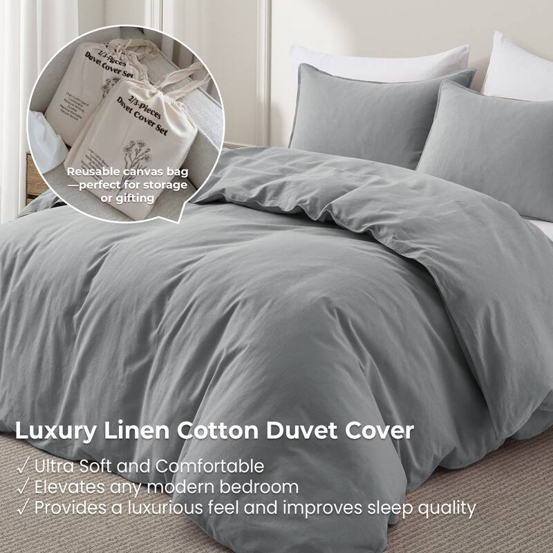 Flax Linen Cotton Blend Duvet Cover Set, Durable, Breathable and Moisture-Wicking, 3 Piece Bedding Set