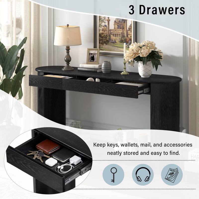 59.8"Modern Veneer Console Table with 3 Drawers,Farmhouse Entryway Table with Shelf,Wood Sofa Table with Semi-Circular Design