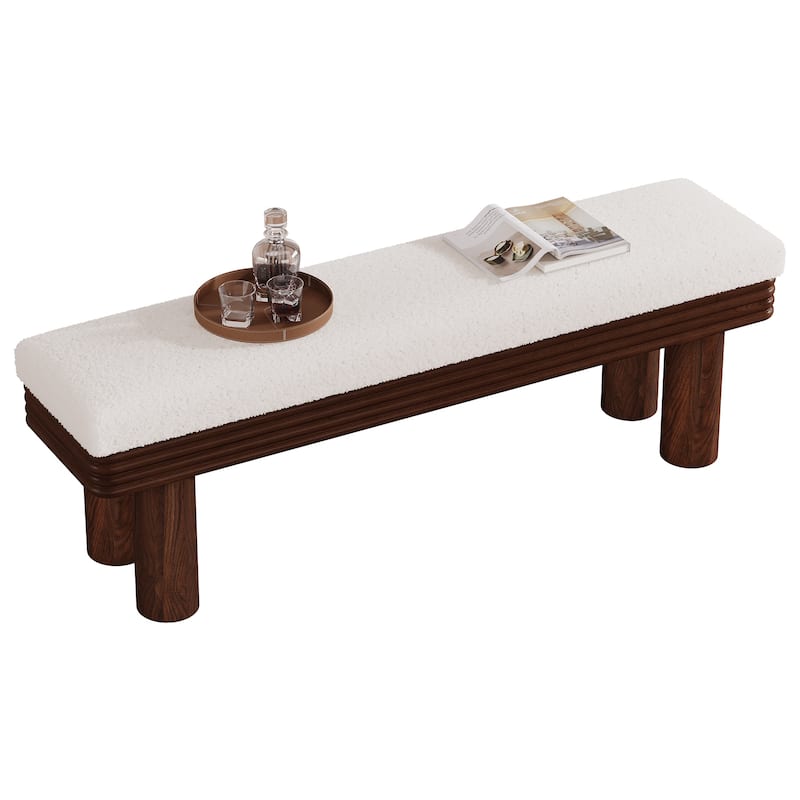 Upholstered Entryway Bench, Faux Shearling Padded Seat Shoe Bench, Bedroom Entrance Living Room End-of-Bed Accent Stool