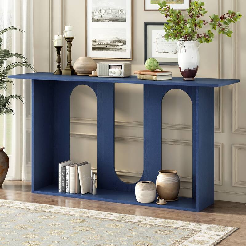 Modern Curved Design Ash Veneer Console Table with Lower Shelf, for Entryway Hallway Living Room, Foyer, Corridor, Navy Blue - Blue