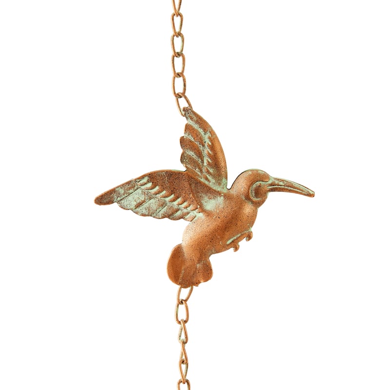Glitzhome 8.5ft Faux Copper Gold Hummingbirds & Cups Rain Chain with V-Shaped Gutter Clip