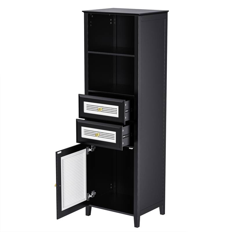 Black Rattan TV Stand Sets with TV Console and 2 Tall Cabinets - 102.10" x 15.70" x 63.00"