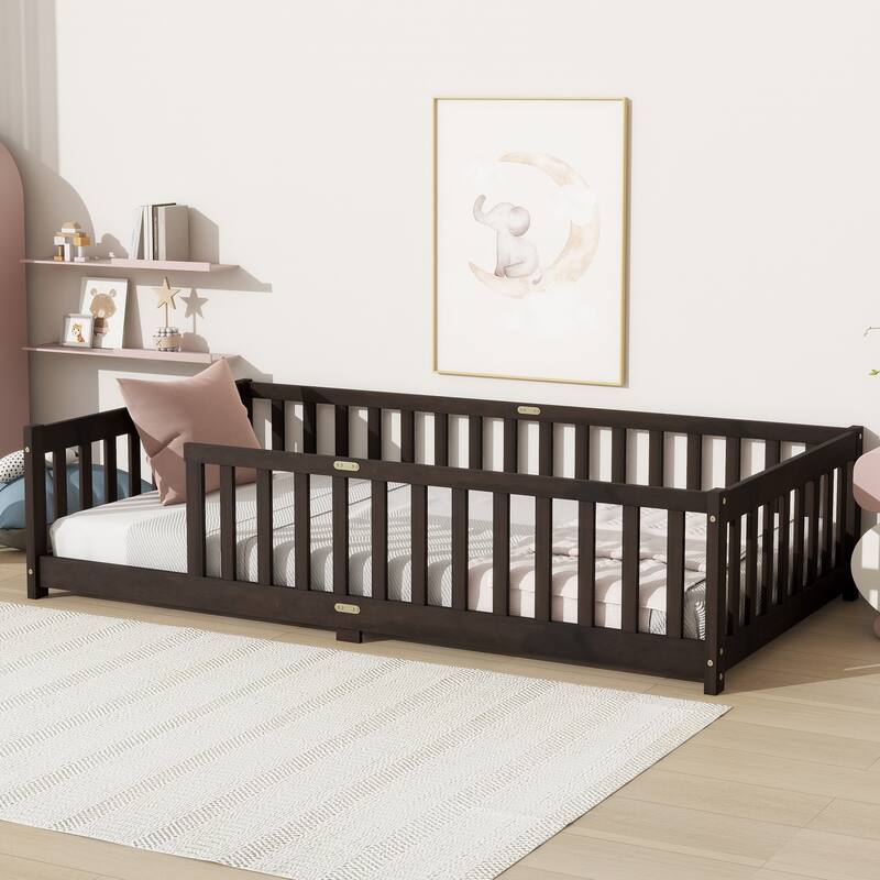 Rubber Wood Twin Size Floor Bed with Fence without Door