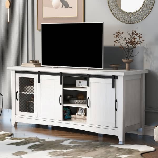 slide 1 of 18, TV Stand for TV up to 65in with 2 Barn-style Doors Open Style Cabinet White