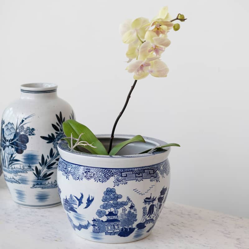Hand-Painted Urn Shaped Stoneware Vase with Wide Opening