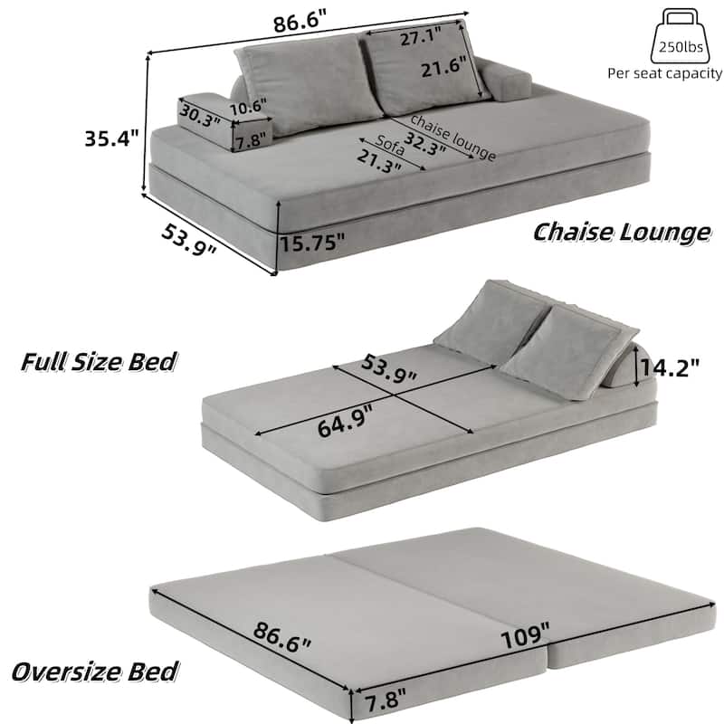 86.6" Convertible Loveseat Sofa Bed with Removable Backrests, Chenille Fabric Sleeper Sofa, Chaise Lounge, Floor Folding Couch