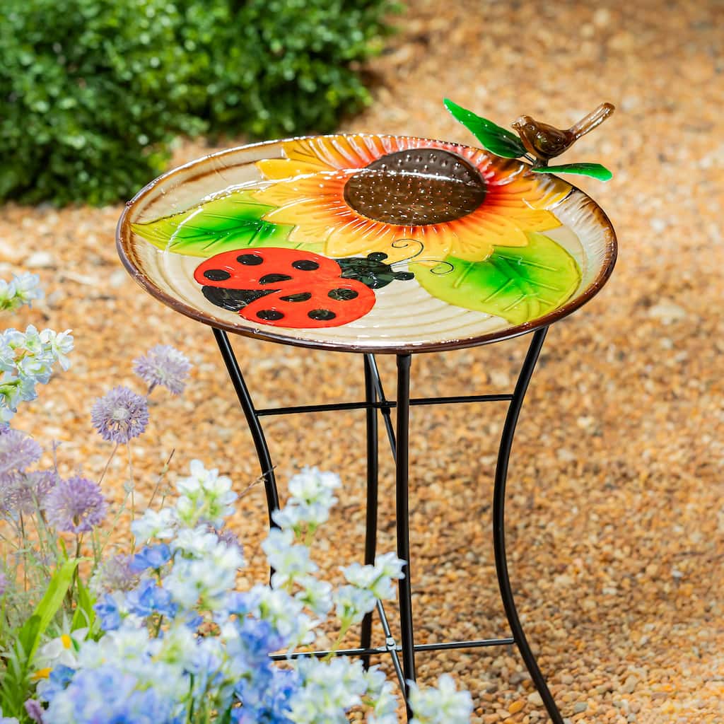 17" Metal Bird Bath, Ladybug & Sunflower