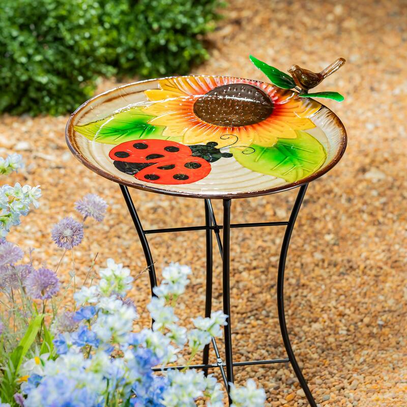 17" Metal Bird Bath, Ladybug & Sunflower