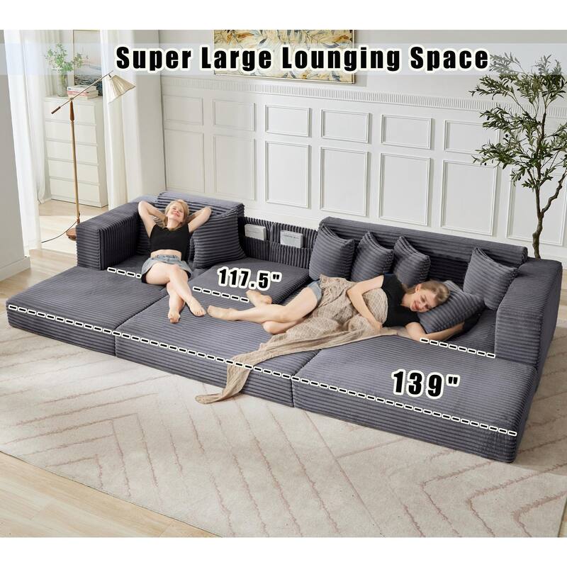 Floor Sleeper Sofa Bed Convertible L-shaped Modular Sectional Couch with Chaise, Corduroy Compression Sofa with Side Pockets
