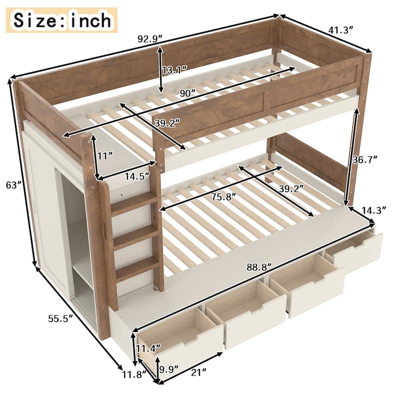 Twin over Twin Bunk Bed with 4 Drawers & Wardrobe - Solid Wood, Full-Length Guardrails, No Box Spring
