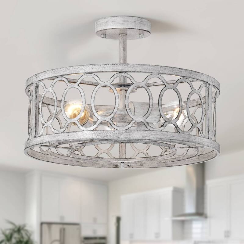 Cusp Barn 18in. Rustic Farmhouse Ceiling Light, 3-Light Matte White Chandelier, Modern Cage Metal Pendant Light - 18.11-inch - Matte White