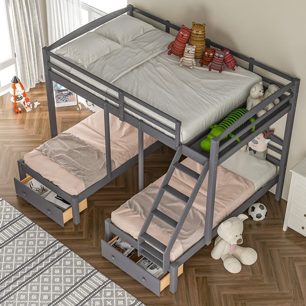 slide 2 of 12, Triple Bunk Bed with Drawers, Gray Full over Twin & Twin Bunk Bed Gray - Full