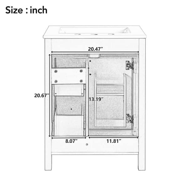 dimension image slide 3 of 4, GDFStudio - Cielo 24" Bathroom Vanity with Ceramic Sink, 2 Soft Close Drawers, Door & Storage Racks