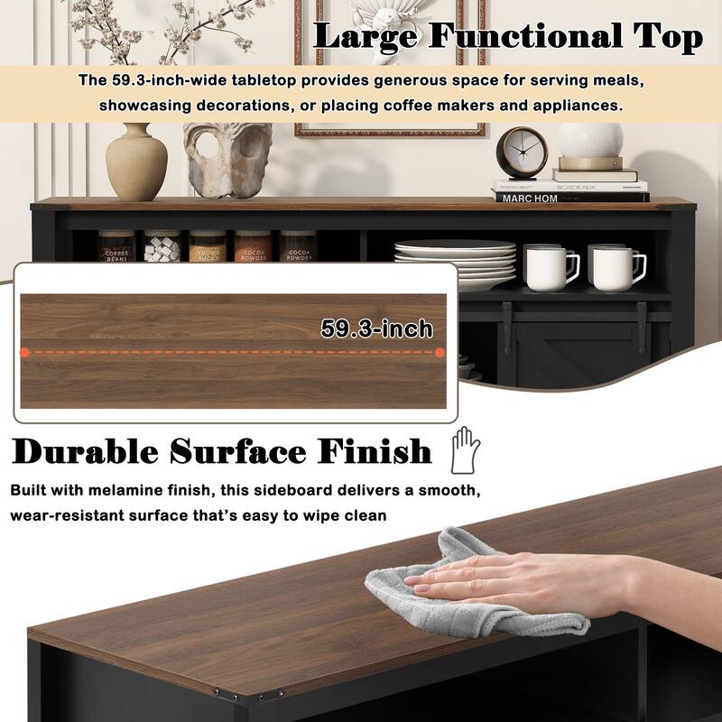 59.3" Sliding Barn Door Sideboard with Mesh Panels