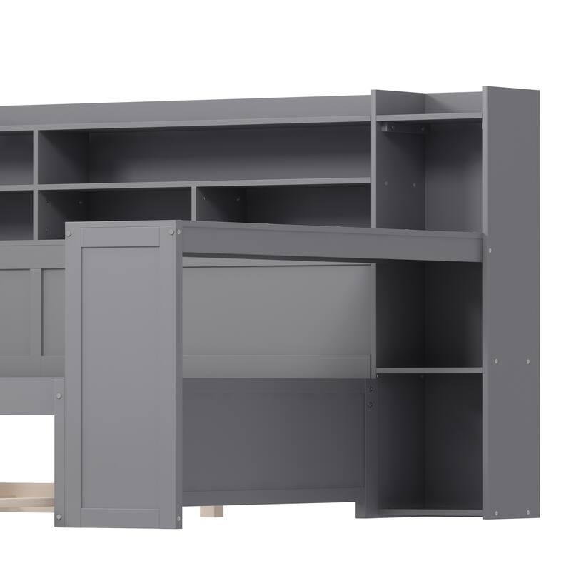 Wooden Twin Size Daybed with Storage Shelves, Multi-functional Bed with Twin Size Trundle Bed and Study Desk, Gray