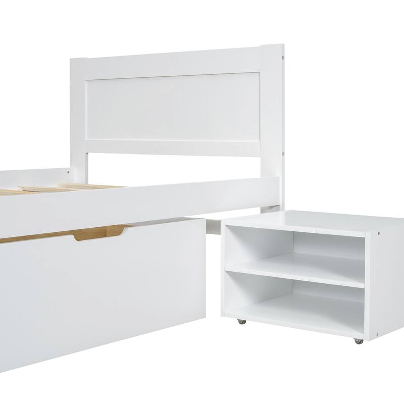 Platform bed with drawers and two shelves