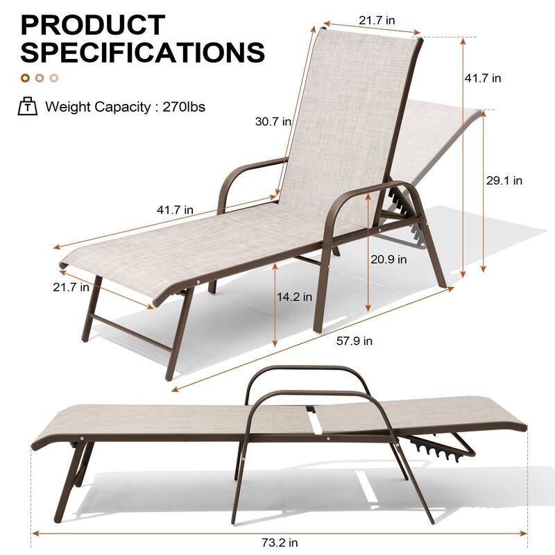 Crestlive Products Outdoor Aluminum Chaise Lounge Chair with Adjustable Backrest