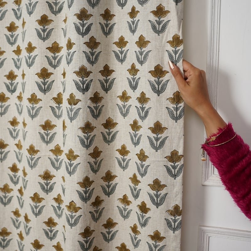 Fabdivine Handmade Floral Block Print Window or Door Room Décor Viscose Linen Curtain