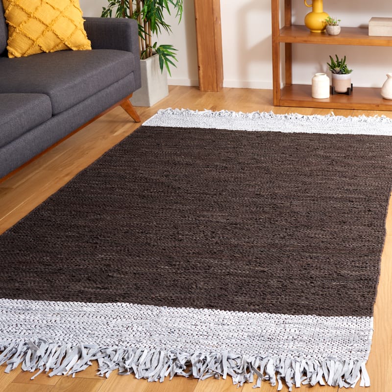 SAFAVIEH Handmade Vintage Boho Leather Catrina Modern Stripe Leather - 5' x 8' - Light Grey/Dark Brown - Rectangle