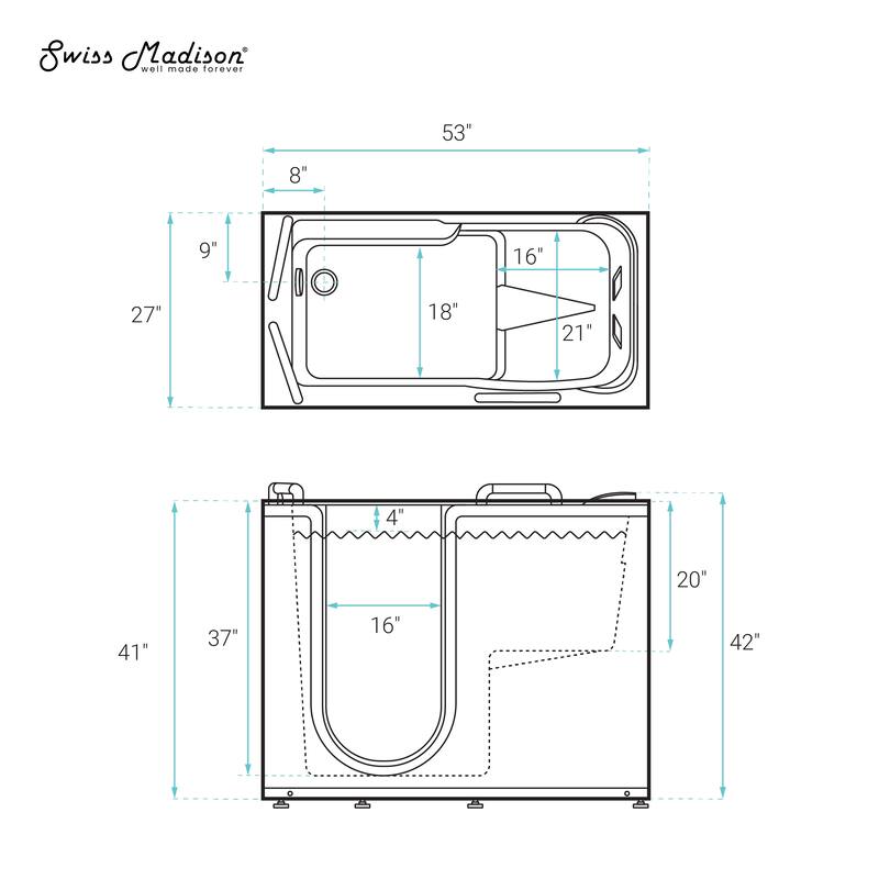 Auvergne 53" X 27" Ada Left Drain Walk-In Soaking Bathtub In White with Faucet Set, Drain, Grab Bars, Pillow - 53