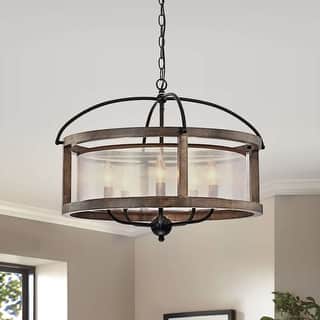 The Gray Barn Antique Black Metal Fabric Shade Wood Frame Chandelier
