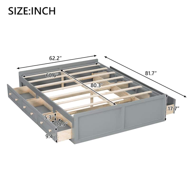Open Frame Wooden Platform Bed Queen Size 6 Drawers
