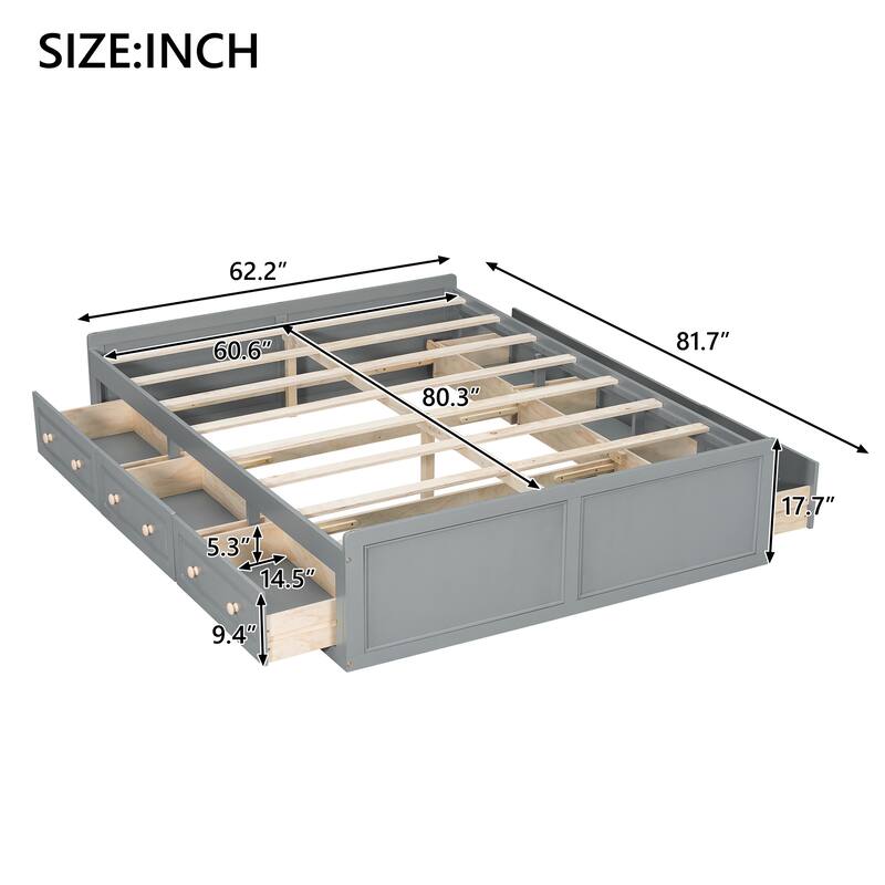Roomfitters Queen Size Wood Platform Bed with 6 Storage Drawers, Solid Pine