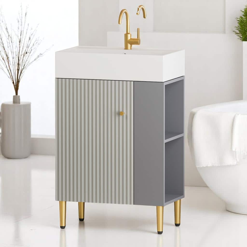 21.6" Contemporary Bathroom Vanity with Ceramic Sink, Soft-Close Door, Open-Shelving Storage Cabinet, Brushed Gold Hardware