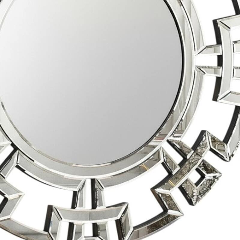 HomeRoots 32" Silver Glass Round Art Deco Geo Framed Accent Mirror - 31.50 in. x 31.50 in. x 0.79 in.
