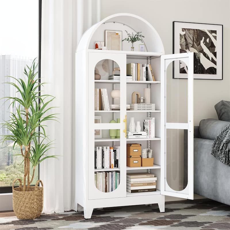 73"H Metal Tall Arched Kitchen Pantry Storage Cabinet with Glass Door