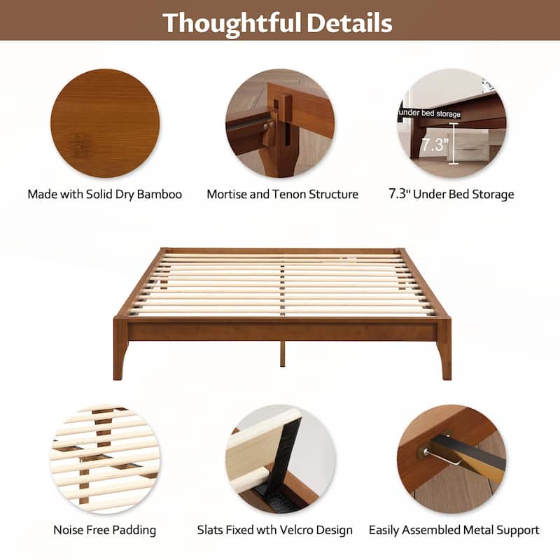 12 Inch Queen Size Solid Dry Bamboo Wood Platform Bed Frame