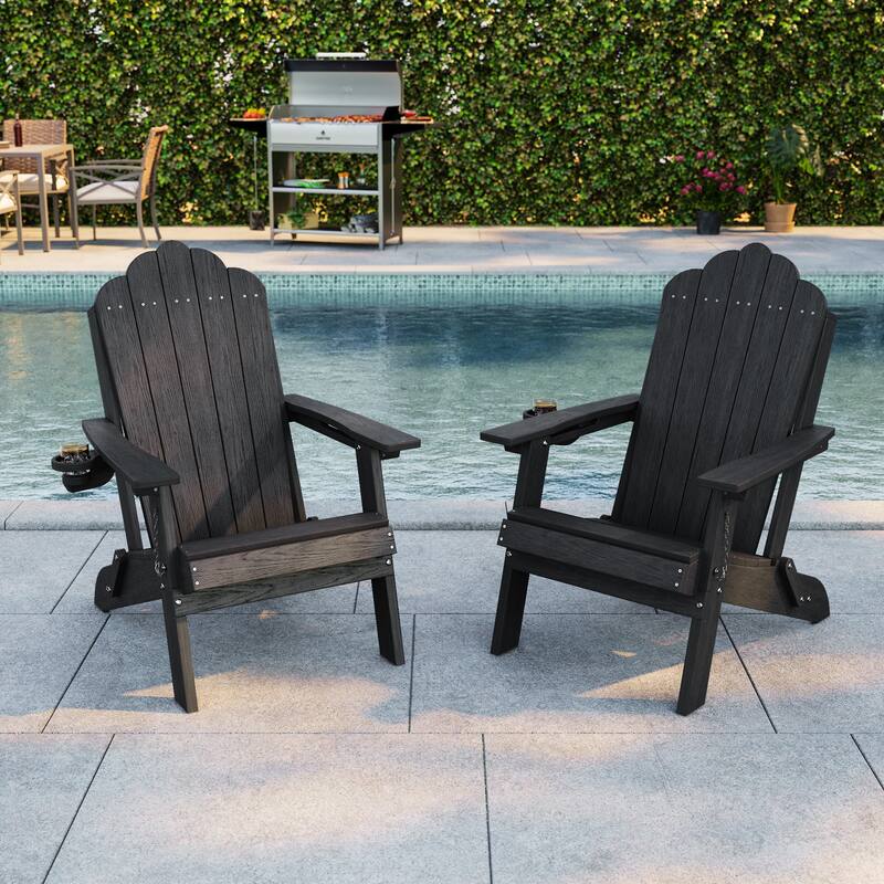 Foldable HDPE Adirondack Chair All-Weather W/ Cup Holder - Black - 2-Piece