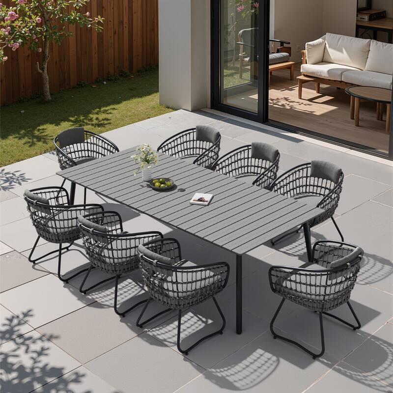 9-Piece Outdoor Patio Dining Set Wood-Like Table Top Alumium Umbrella Hole Table with PE Rattan Chairs - GreyTable&GreyChairs