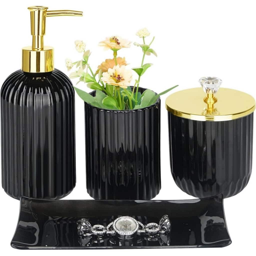 4-piece bathroom accessories set with soap dispenser, toothbrush holder, medicine bottle, tray