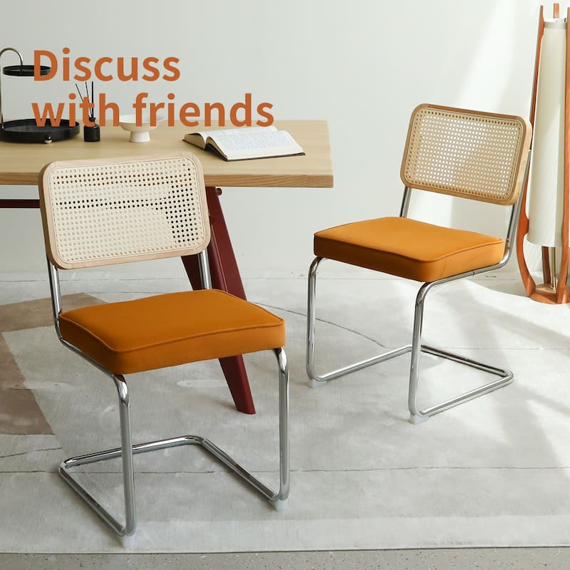 Dining Chairs Set of 2, Velvet Rattan Side Accent Chairs with Chrome Legs, Modern Mid Century Breuer Designed Chairs,