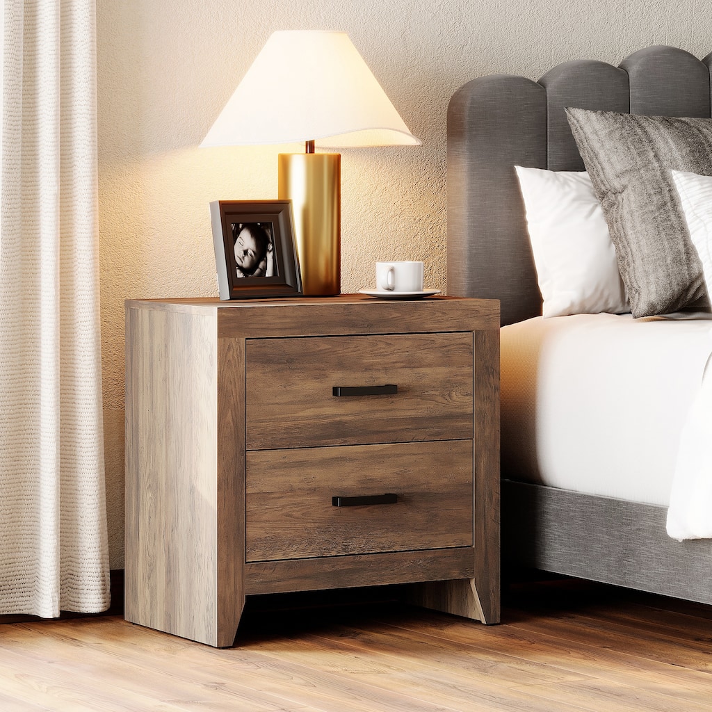 WAMPAT Farmhouse Nightstand with Dual Drawers - Rustic Brown