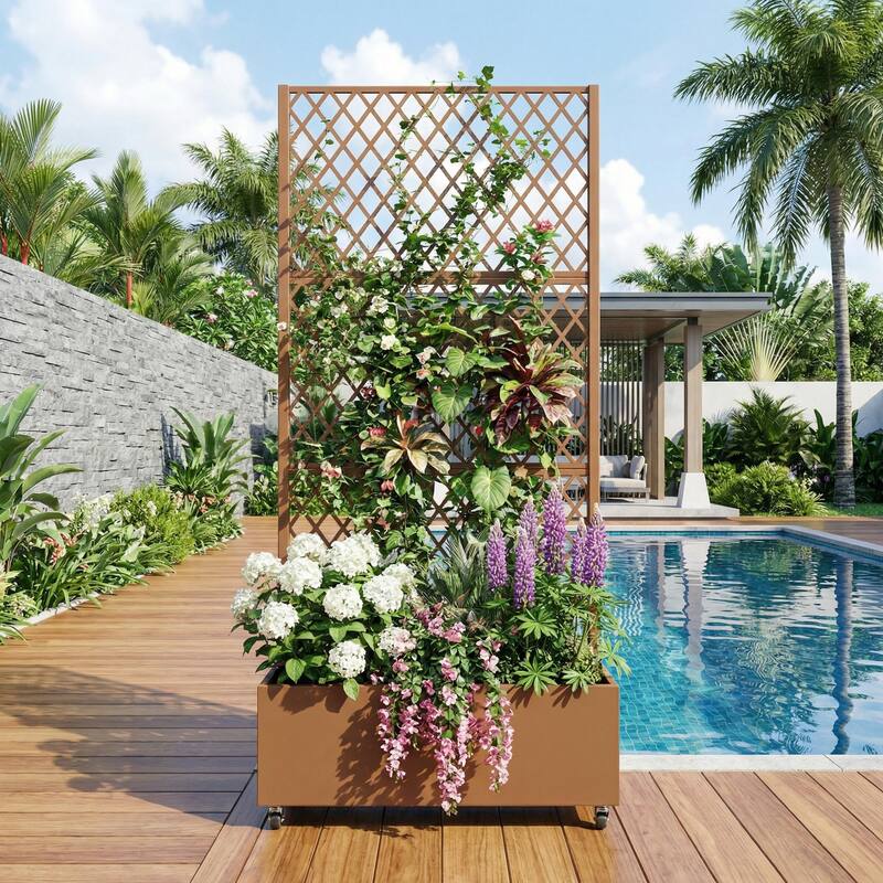 Raised Garden Bed Planter with Trellis Movable Planter Box with Lockable Wheels
