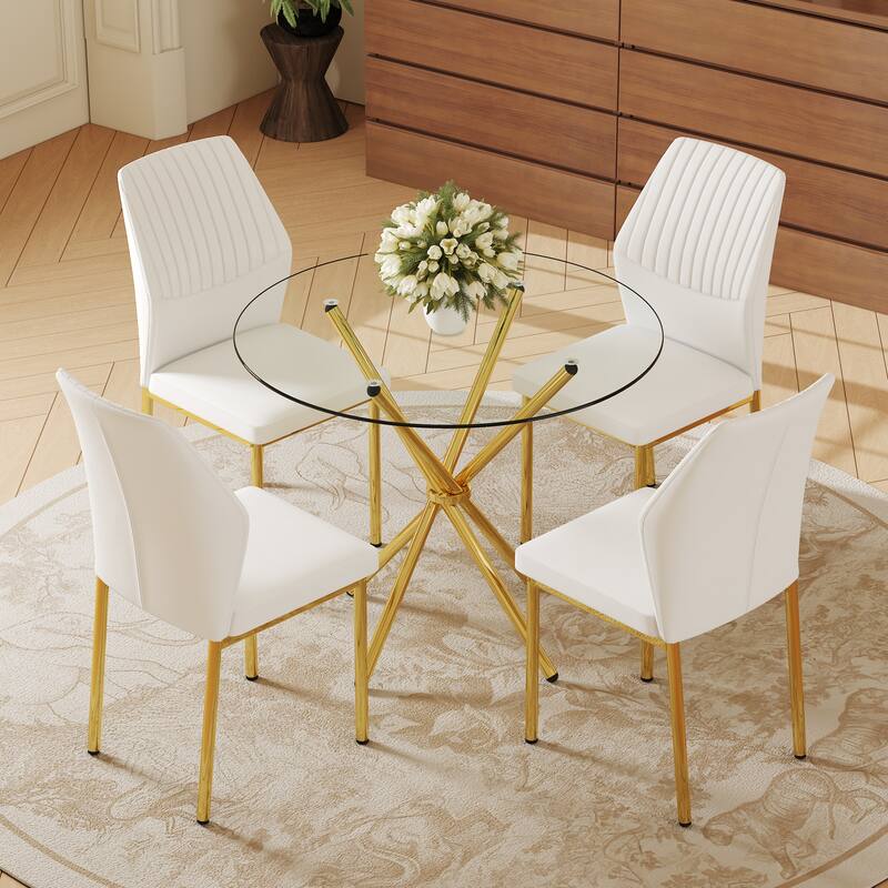 4-Piece Dining Set with Round Tempered Glass Table & Chairs - Modern Luxe Style for Living Room & Kitchen - White