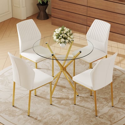 Roomfitters 5pcs Round Glass Dining Table Set with White and Gold Chairs, Luxe Modern Look for Kitchen or Living Room, White