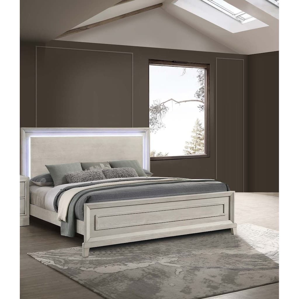 Contempoary Style 1pc Bed Set Wooden Headboard Built In LED Lights Antique White Finish Bedroom Furniture