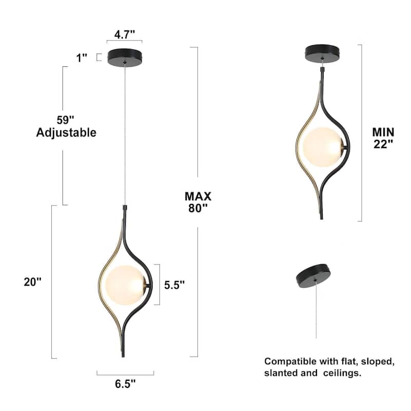 Modern Contemporary 1-Light Black Gold Kitchen Island LED Pendant Lights with Frosted Glass - 6.5" L x 5.5" W x 20" H