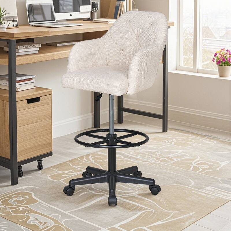 VECELO Swivel Wingback Tilting Drafting Chairs 32.28"-40.16" Adjustable Height Diamond Tufted Back Naihead Home Office Chairs - Beige