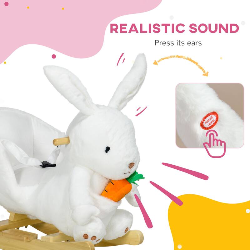 Rabbit Rocking Ride-On with Sounds, Soft Velvet Body, Safety Belt & Foot Pedals for Toddlers - 88lbs Capacity