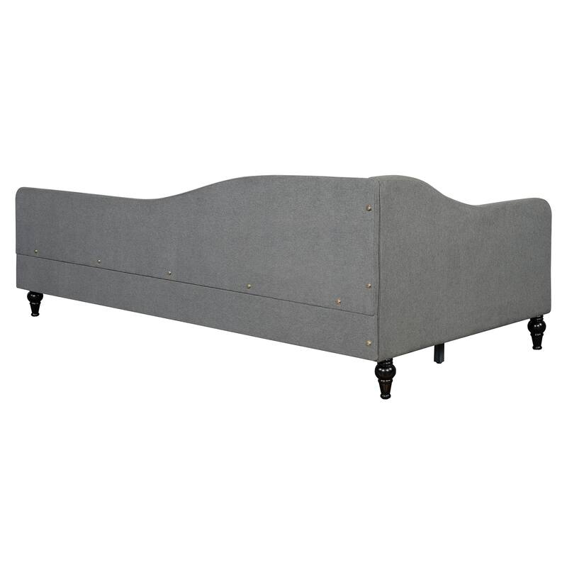 Twin/Full Size Upholstered Daybed, Linen Fabric Sofa Bed with Solid Wood Legs and L Shaped Backrest, Solid Wood Bedframe