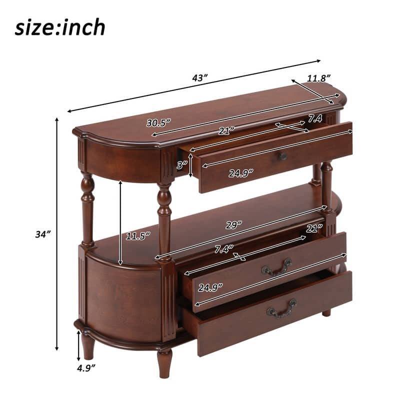 Retro 43" Curved Wood Console Table with 3 Drawers and Open Shelf, Sofa Table Behind Couch for Living Room and Hallway Storage